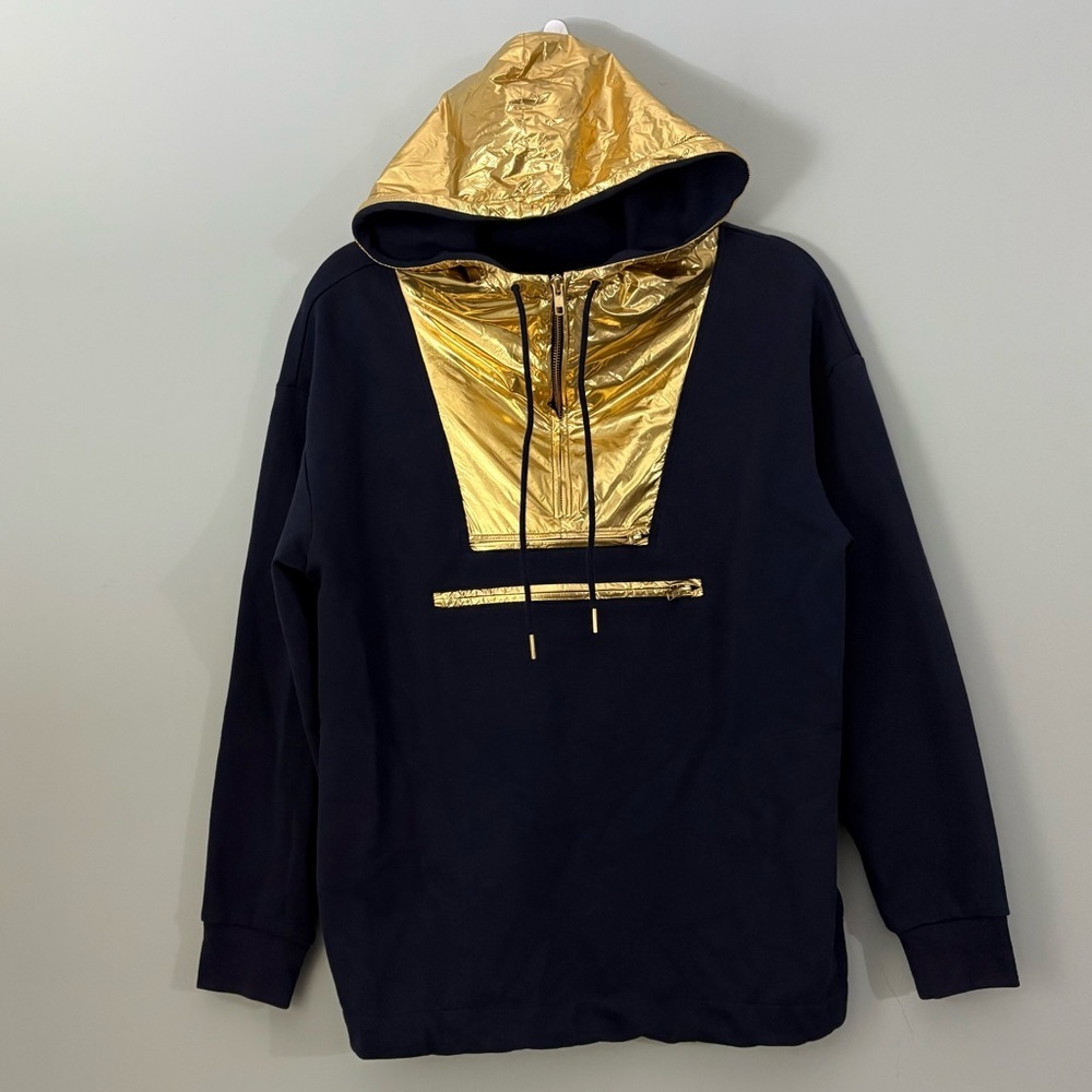 J.Crew Gold Foil Hoodie Navy Metallic Pullover Sweatshirt Size Small - Picture 2 of 16